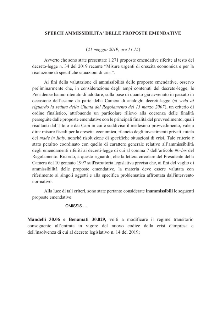 [2019-05-22]C. 1807-speech ammissibilità[estratto]